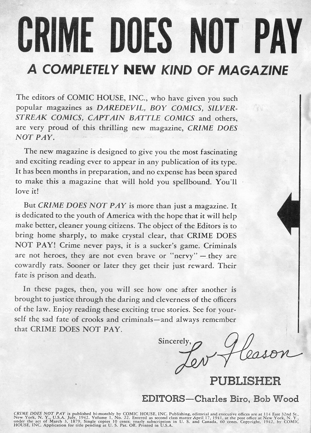 Publisher’s peritext: “Crime Does Not Pay.” Crime Does Not Pay #22 (July 1942). Comic House, Inc. 
