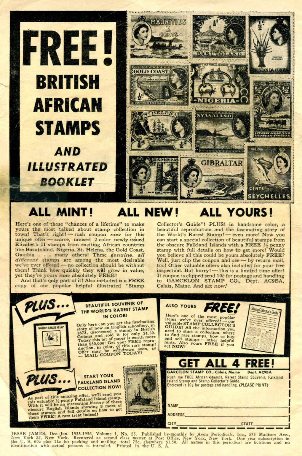 Advertisement: “Free! British African Stamps.” Jesse James #25 (January 1956). Avon Comics.  