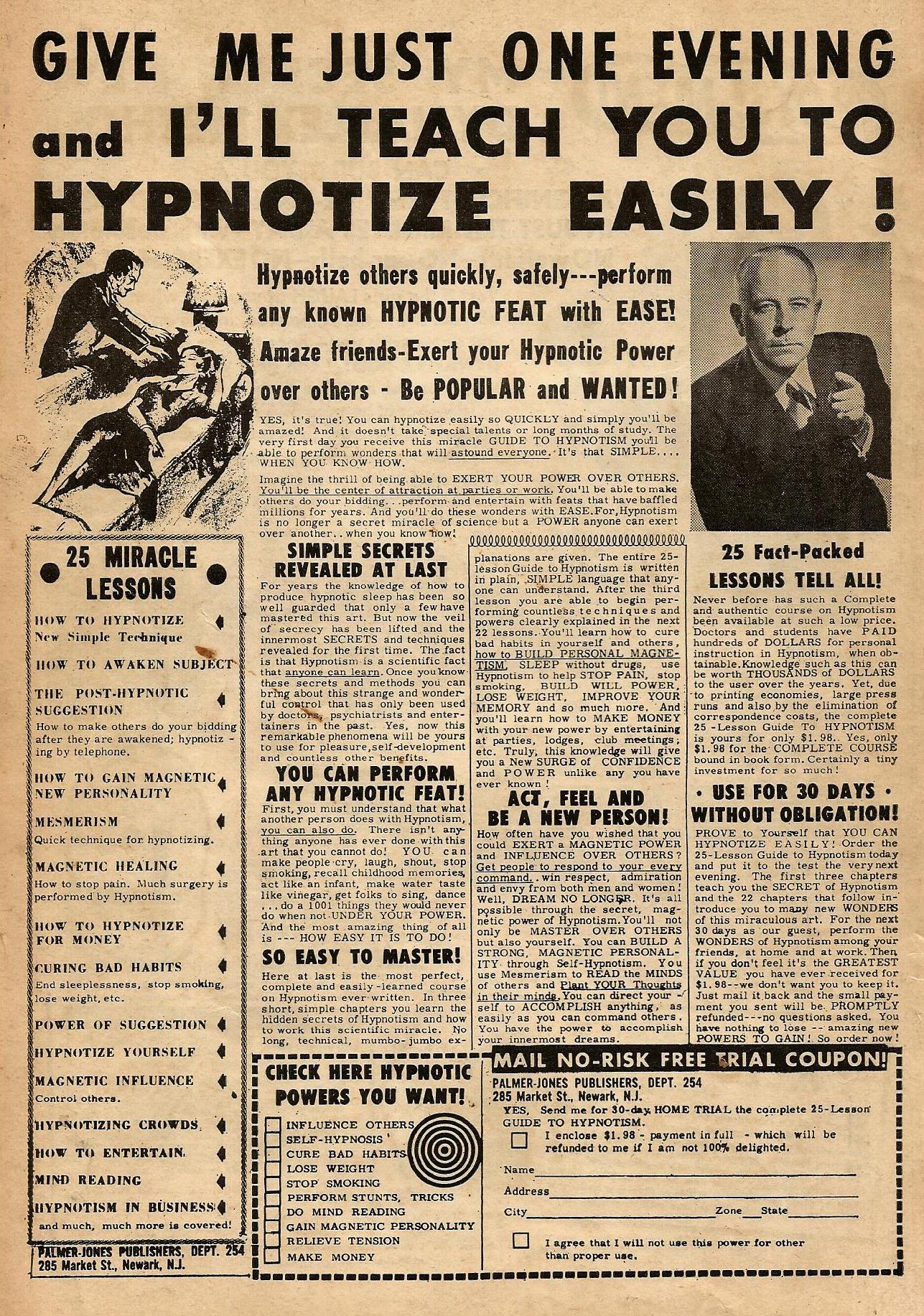 Advertisement: “Give Me Just One Evening and I’ll Teach You to Hypnotize Easily.” Plastic Man #11 (1963). Super Comics. 