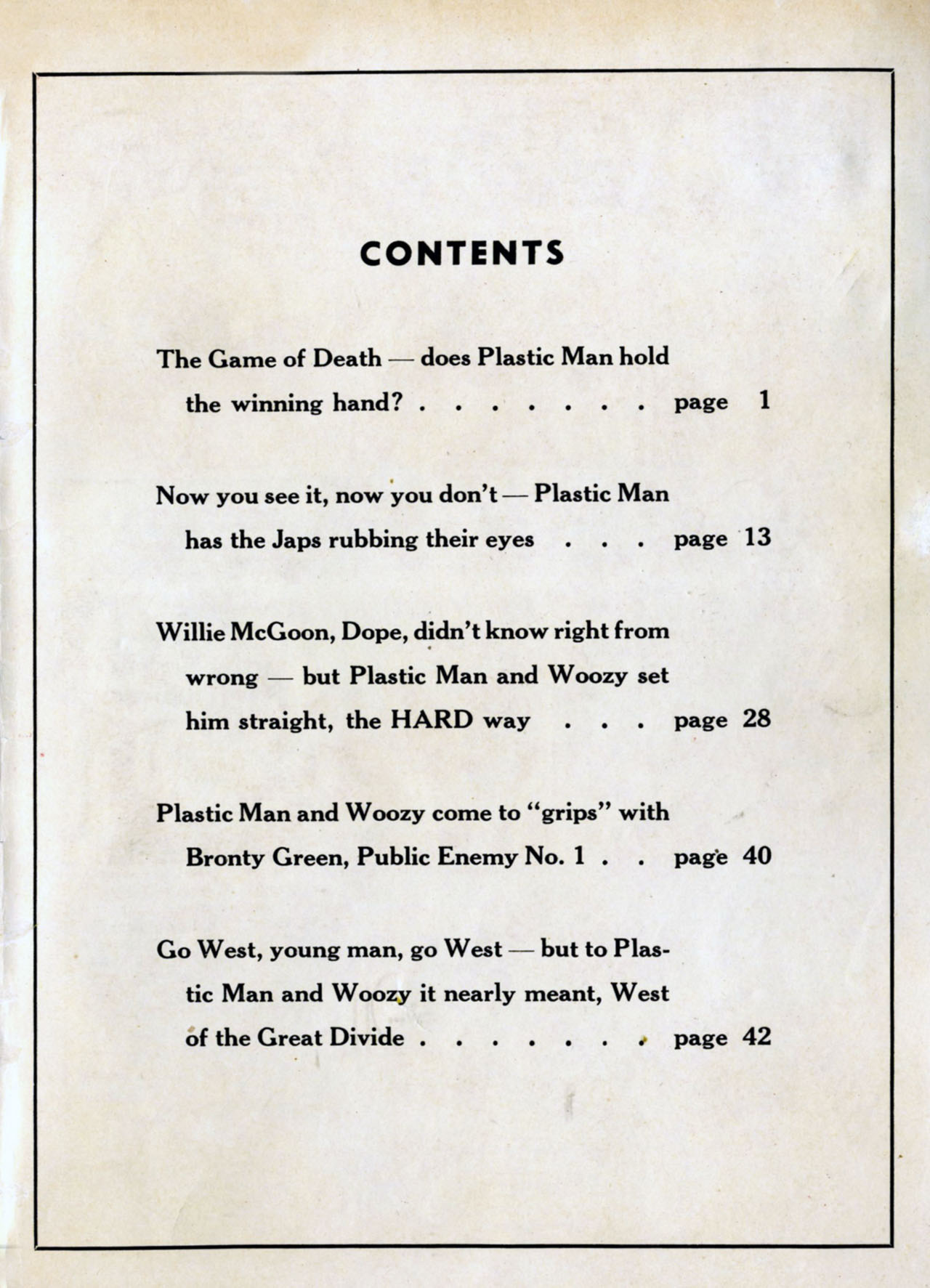 Table of contents: Plastic Man #1 (December 1943). Quality Comics.  