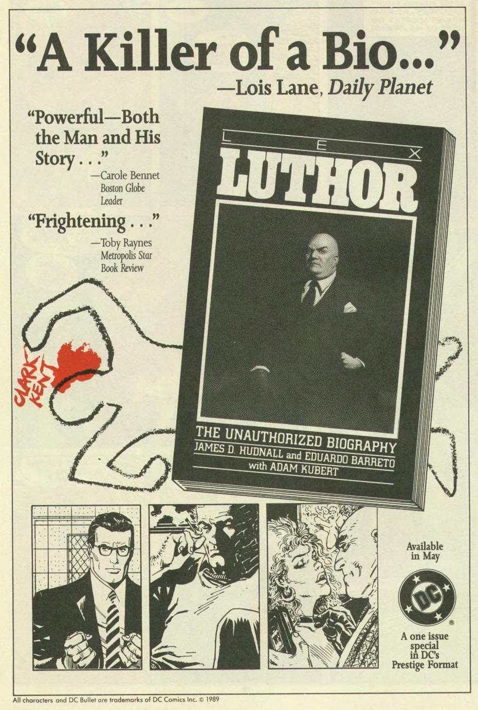 Advertisement: “Lex Luthor: The Unauthorized Biography.” Legend of Aquaman #1 (May 1989). DC Comics. 