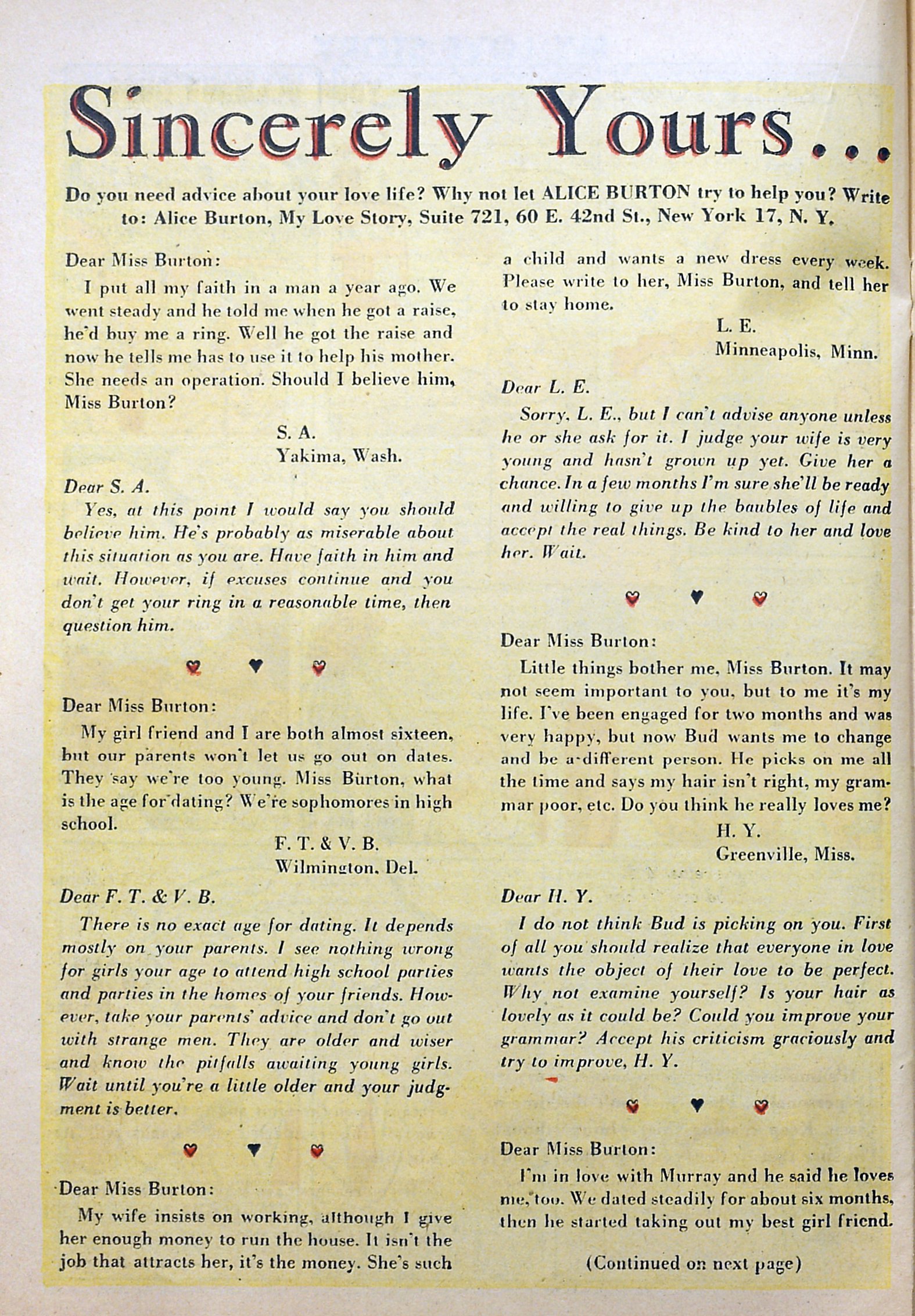 Correspondence: “Sincerely Yours…” My Love Story #2 (November 1949). Fox Feature Syndicate. Page 1.