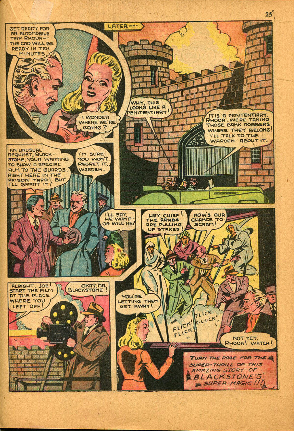 Note: “Turn the page…” Blackstone Master Magician #1 (April 1946). Vital Comics. Full page.