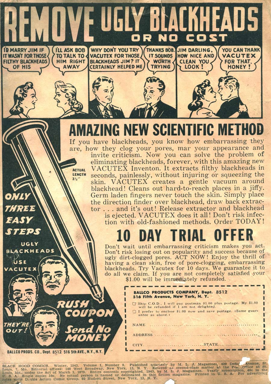 Advertisement: “Remove Ugly Blackheads or No Cost.” Black Hood Comics #9 (December 1943). Archie Comics. 