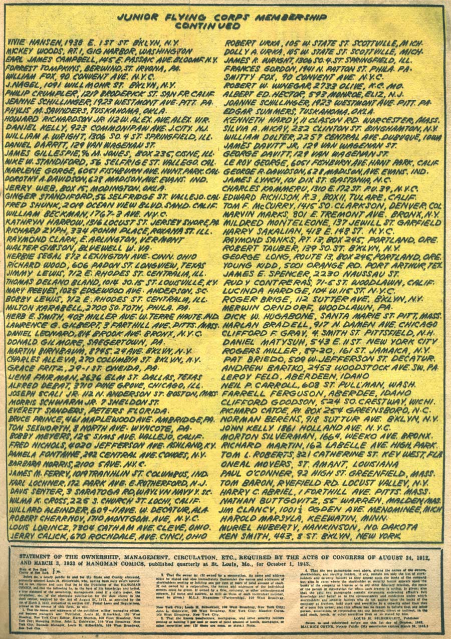 Appendix: “Junior Flying Corps Membership Continued.” Black Hood Comics #9 (December 1943). Archie Comics. Page 3.