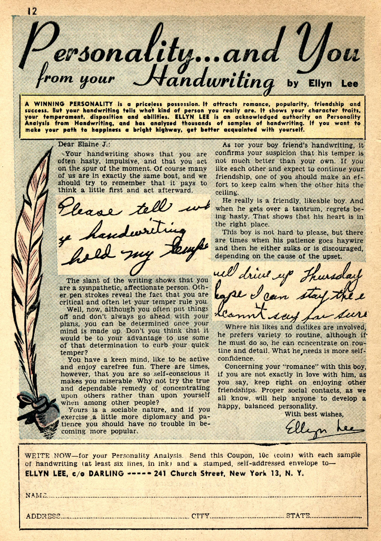 Correspondence: “Personality… and You.” Darling Romance #1 (September 1949). Archie Comics.  