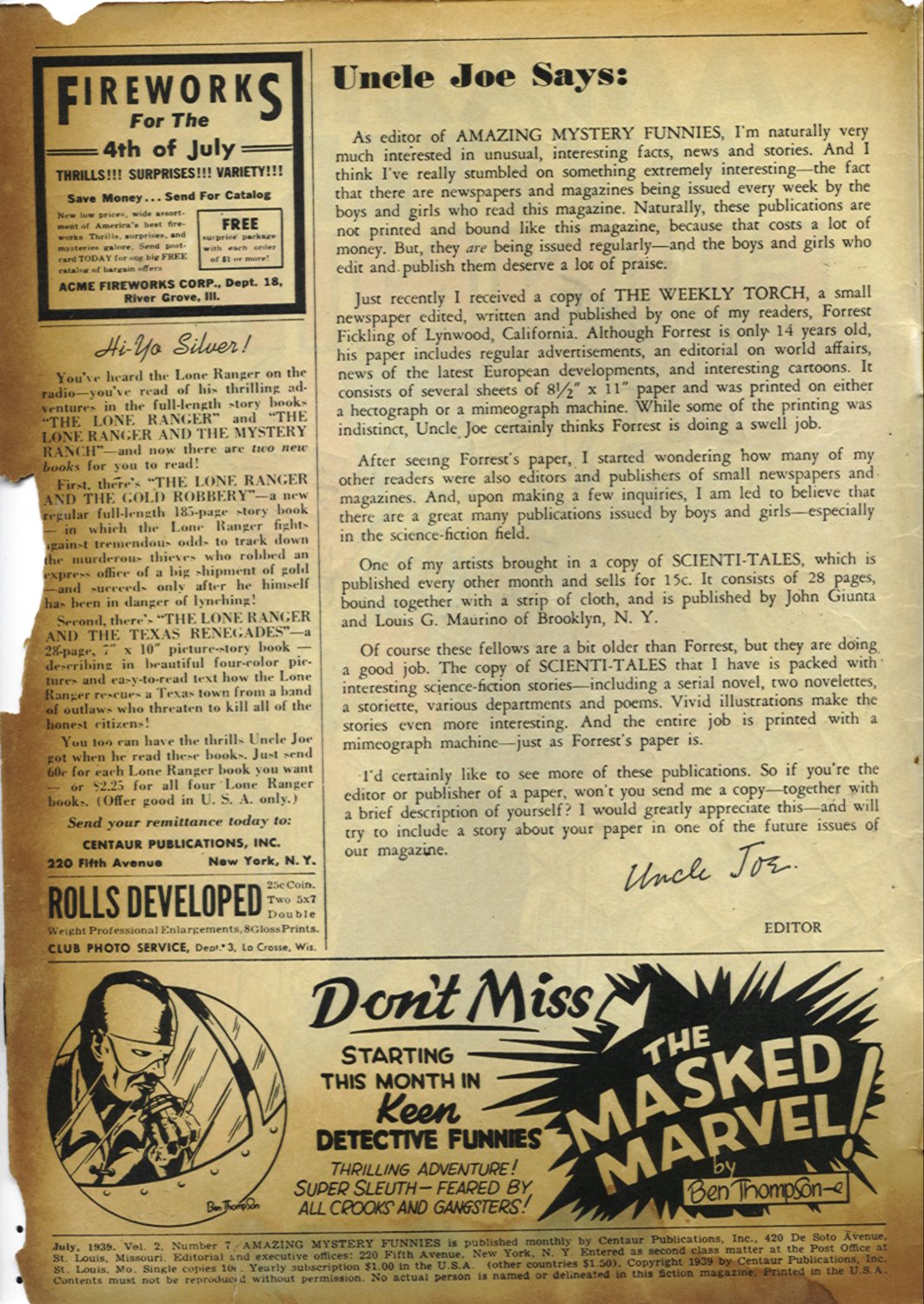 Editorial: “Uncle Joe Says.” Amazing Mystery Funnies Vol. 2 #7 (July 1939). Centaur Publications. Full page.