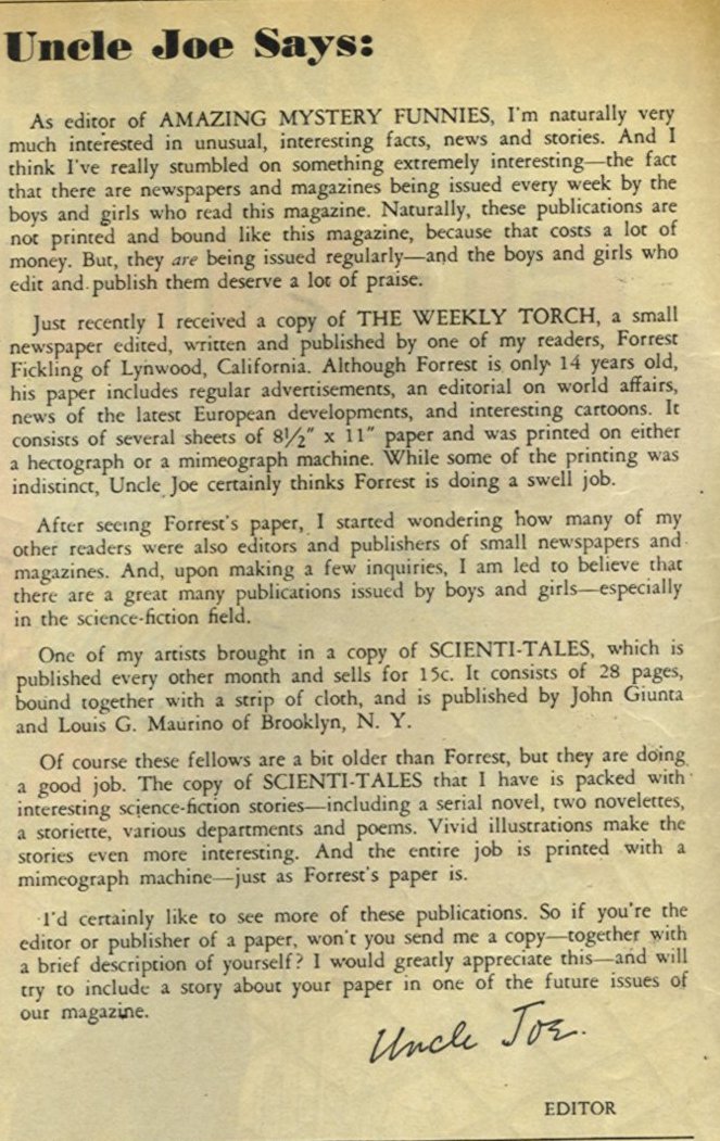 Editorial: “Uncle Joe Says.” Amazing Mystery Funnies Vol. 2 #7 (July 1939). Centaur Publications. Detail.