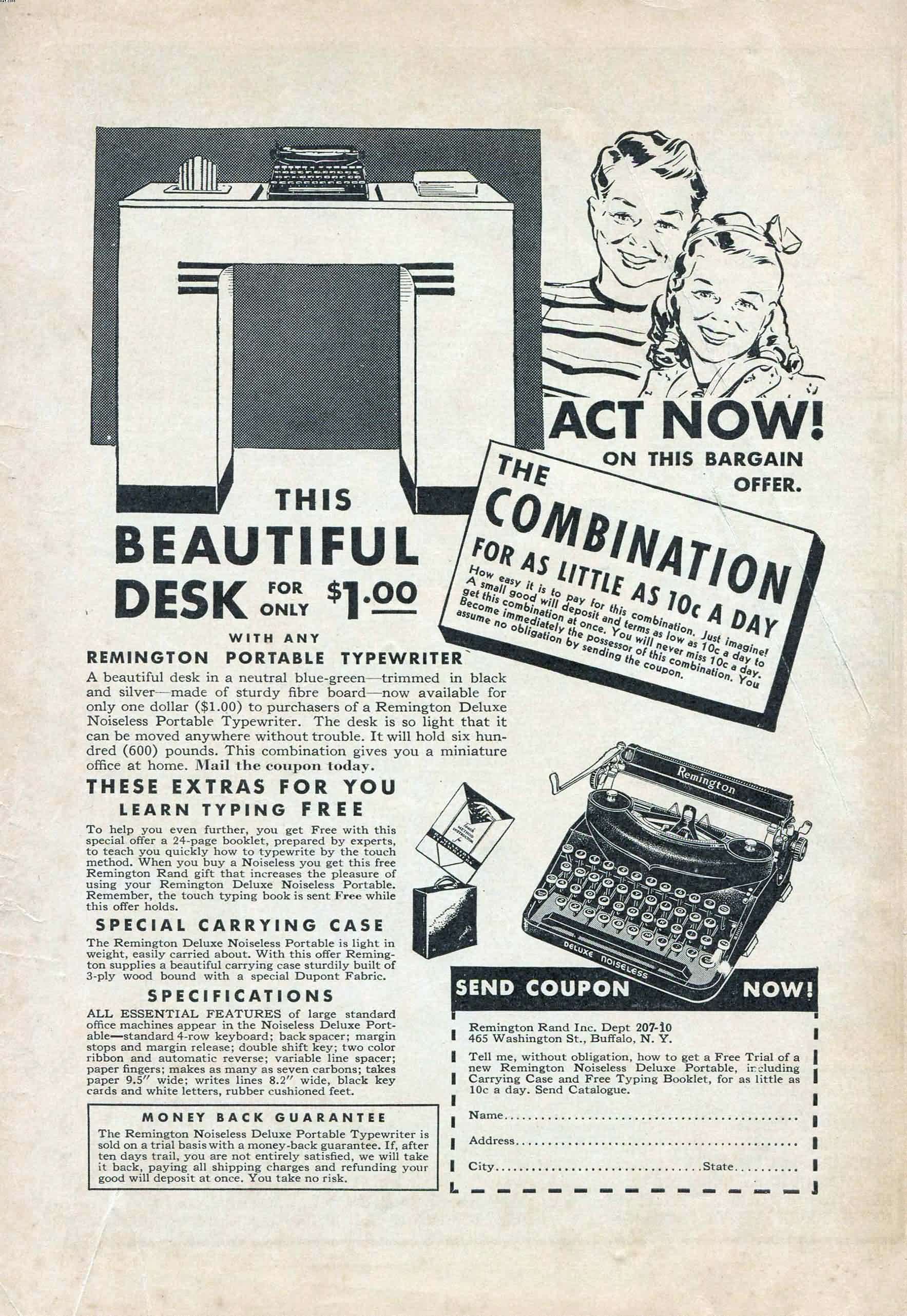 Advertisement: “This Beautiful Desk…” The Arrow #1 (October 1940). Centaur Publications. 