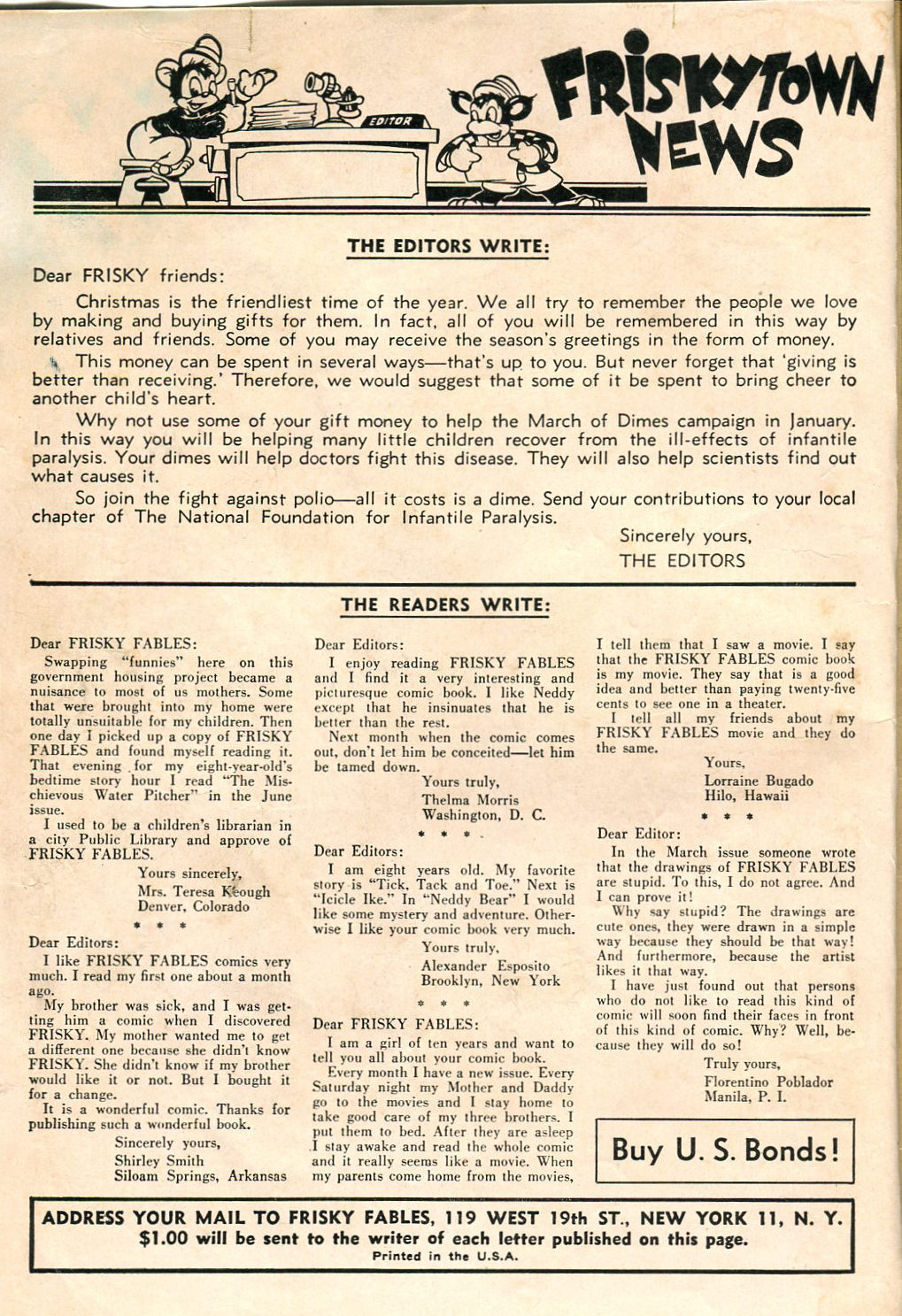 Correspondence: “The readers write...” Frisky Fables Vol. 4 #7 (February 1949). The Premium Group of Comics. Full page.
