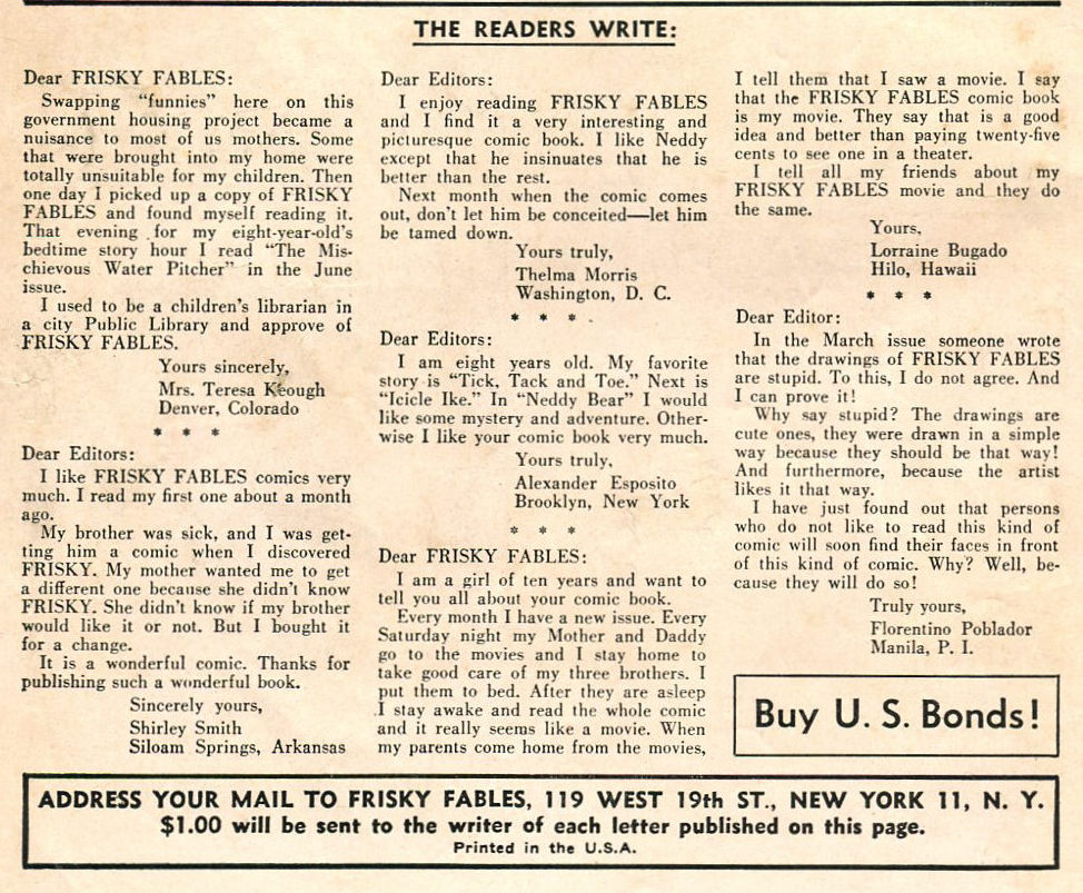 Correspondence: “The readers write...” Frisky Fables Vol. 4 #7 (February 1949). The Premium Group of Comics. Detail.